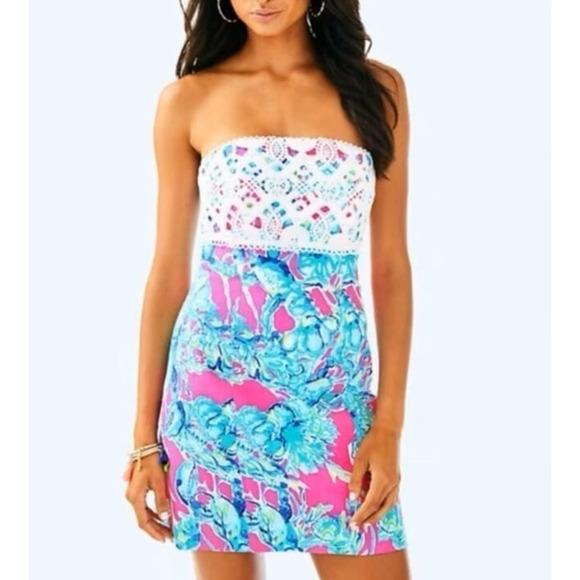 Lilly Pulitzer Brynn Strapless Dress Lobsters In Love Razz Crochet Shift Size 8 - Picture 3 of 16